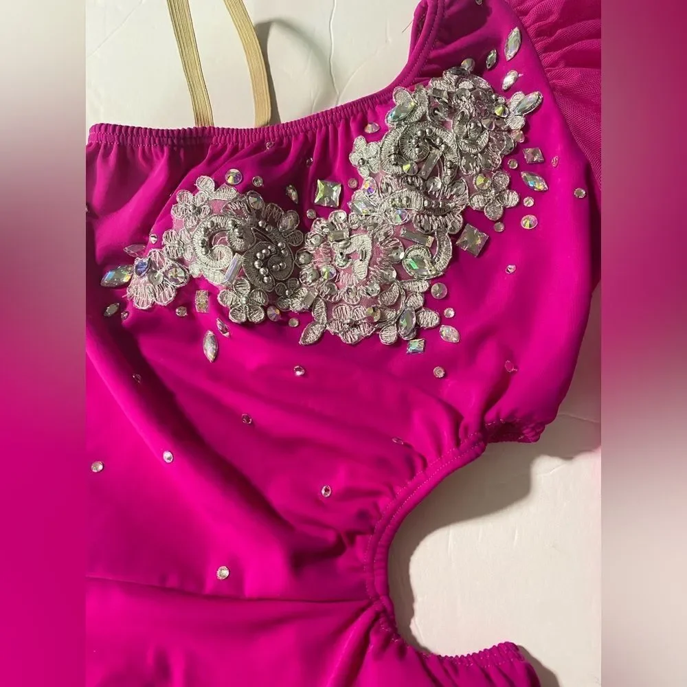 Custom made solo dance costume hot pink rhinestone illusion skirt LC child